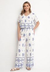 Niebiesko-Biały Bawełniany Komplet Koszula i Szerokie Spodnie w Stylu Boho Ollirive. Niebieskie koszule damskie Born2be, l, z aplikacjami, z bawełny, boho, bez kołnierzyka, bez ramiączek. Za 64.99 zł.