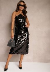 Czarna Cekinowa Sukienka o Asymetrycznym Fasonie z Ozdobnym Wiązaniem na Plecach Leriseli. Czarne sukienki damskie Renee, z aplikacjami, eleganckie, z asymetrycznym kołnierzem, bez ramiączek, midi, asymetryczne. Za 84.99 zł.