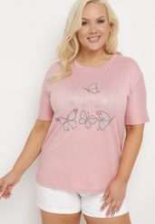 Jasnoróżowy T-shirt z Ozdobnym Nadrukiem i Cyrkoniami Moariss. Czerwone t-shirty damskie Born2be, l, z aplikacjami, z jeansu, eleganckie, bez kołnierzyka, bez ramiączek. Za 34.99 zł.