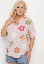Różowa Koszula z Lnu i Bawełny w Kwiaty z Krótkim Rękawem Ambubia. Czerwone koszule damskie Born2be, plus size, bez wzorów, z bawełny, bez kołnierzyka, bez ramiączek. Za 79.99 zł.