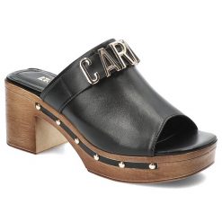 Czarne Klapki Carinii Eleganckie Chodaki Damskie. Czarne klapki damskie Carinii, bez wzorów, ze skóry, eleganckie, bez obcasa, na obcasie, bez zapięcia. Za 419.00 zł.