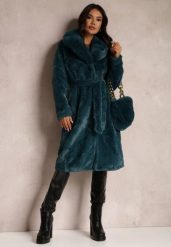 Ciemnozielony Płaszcz Futrzany Teddy z Wiązanym Paskiem i Torebką Voda. Zielone płaszcze damskie Renee, l, bez wzorów, z futra, eleganckie, bez kołnierzyka, bez kaptura. Za 199.99 zł.