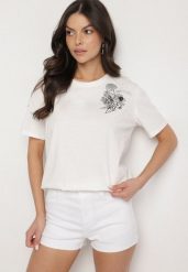 Biały T-shirt z Bawełny Zdobiony Nadrukiem z Cyrkoniami Telerea. Białe t-shirty damskie Born2be, l, z aplikacjami, z bawełny, eleganckie, bez kołnierzyka, bez ramiączek. Za 34.99 zł.