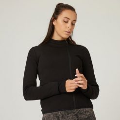 Bluza na zamek damska Nyamba Gym & Pilates 500. Czarne bluzy damskie DOMYOS, na jesień, l, bez wzorów, z bawełny, biznesowe, bez ramiączek, bez kaptura. Za 99.99 zł.