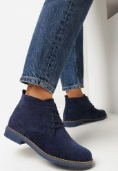 Granatowe Botki z Wiązaniem Sabalva. Niebieskie botki damskie Born2be, bez wzorów, bez obcasa, na płaskiej podeszwie, bez zapięcia. Za 119.99 zł.