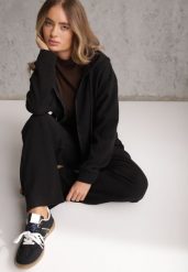 Czarny Prążkowany Komplet Dresowy Spodnie o Szerokim Kroju i Bluza z Kapturem Rerih. Czarne bluzy damskie Renee, l, bez wzorów, z dresówki, eleganckie, bez ramiączek, z kapturem. Za 169.99 zł.