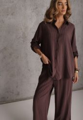 Brązowy Komplet z Wiskozy i Lnu w Delikatne Prążki Koszula i Spodnie Wide Leg Cliffesa. Brązowe koszule damskie Renee, l, bez wzorów, ze lnu, bez kołnierzyka, bez ramiączek. Za 179.99 zł.