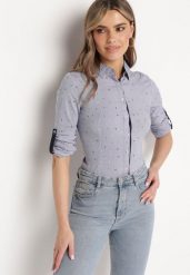 Granatowa Taliowana Koszula z Delikatnym Wzorem Brimenna. Niebieskie koszule damskie Born2be, s, bez wzorów, z jeansu, biznesowe, bez kołnierzyka, bez ramiączek. Za 39.99 zł.