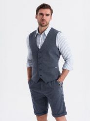 Męski zestaw elegancki kamizelka garniturowa + szorty - granatowy V1 Z112 L. Niebieskie garnitury męskie Ombre, l, bez wzorów, eleganckie. Za 468.99 zł.
