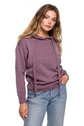 Sweter z Kapturem w Formie Bluzy - Wrzosowy. Fioletowe swetry nierozpinane damskie MOE, l, bez wzorów, z bawełny, bez kołnierzyka, bez ramiączek. Za 238.90 zł.