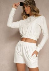 Biały Komplet z Bawełny w Sportowym Stylu Bluza z Kapturem i Szorty Izurea. Białe bluzy damskie Renee, na lato, bez wzorów, z bawełny, klasyczne, bez ramiączek, z kapturem. Za 89.99 zł.