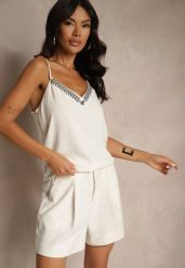 Beżowy Wiskozowy Top na Ramiączkach z Lnem Zdobiony Haftem Zireia. Brązowe topy damskie Renee, m, z aplikacjami, z jeansu, eleganckie, bez kołnierzyka, bez ramiączek. Za 49.99 zł.