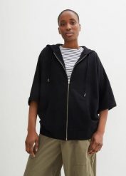 Bluza peleryna rozpinana ze zrównoważonej bawełny. Czarne bluzy damskie bonprix, bez wzorów, z bawełny, bez ramiączek, z kapturem. Za 149.99 zł.