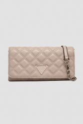 GUESS Damski portfel na łańcuszku w kolorze taupe Giully II Mini. Brązowe portfele damskie Guess, z materiału. W wyprzedaży za 387.99 zł.