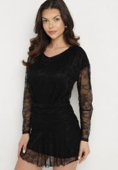 Czarna Sukienka Koronkowa z Gumką w Talii Naplisa. Czarne sukienki damskie Born2be, uniwersalny, bez wzorów, z koronki, eleganckie, bez kołnierzyka, bez ramiączek, mini. Za 119.99 zł.