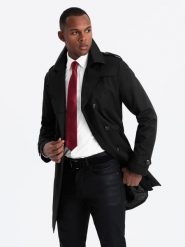 Elegancki płaszcz męski trencz SLIM FIT z paskiem – czarny V2 OM-COSC-0126 - XXL. Czarne płaszcze męskie Ombre Clothing, l, bez wzorów, z materiału, eleganckie, bez kołnierzyka, bez kaptura. Za 251.99 zł.