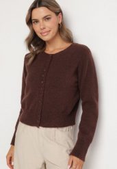 Brązowy Kardigan z Wełną na Guziki Cornelira. Brązowe kardigany damskie Born2be, bez wzorów, z bawełny, eleganckie, bez kołnierzyka. Za 149.99 zł.