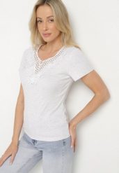 Jasnoszary T-shirt z Bawełny Ozdobiony Koronką Parilne. Szare t-shirty damskie Born2be, s, bez wzorów, z bawełny, eleganckie, bez kołnierzyka, bez ramiączek. Za 34.99 zł.