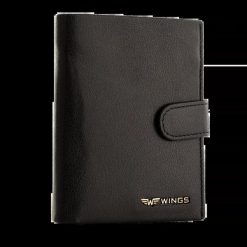 WINGS Męski portfel ze skóry naturalnej koziej zapinany Black. Czarne portfele męskie Wings, bez wzorów, z materiału. Za 67.90 zł.