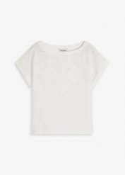 Bluzka z ażurową koronką. Niebieskie bluzki damskie bonprix, w ażurowe wzory, z koronki, eleganckie, bez kołnierzyka, bez ramiączek. Za 47.99 zł.