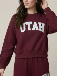 Bluza crewneck z napisem UTAH - bordowy. Czerwone bluzy damskie Sinsay, l, bez wzorów, bez ramiączek, bez kaptura. Za 29.99 zł.