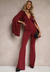 Bordowy Dopasowany Kombinezon z Rozkloszowanymi Rękawami i Głębokim Dekoltem Andrika. Czerwone sukienki damskie Renee, na co dzień, m, bez wzorów, eleganckie, bez kołnierzyka, bez ramiączek, dopasowane. Za 119.99 zł.