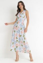 Jasnoniebieska Sukienka Maxi z Gumką w Pasie i Kopertowym Dekoltem w Kwiaty Shreya. Niebieskie sukienki damskie Born2be, l, bez wzorów, bez kołnierzyka, bez ramiączek, maxi, kopertowe. Za 44.99 zł.