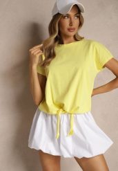 Żółty Bawełniany T-shirt Wiązany u Dołu Sunalina. Żółte t-shirty damskie Renee, l, bez wzorów, z bawełny, bez kołnierzyka, bez ramiączek. Za 29.99 zł.
