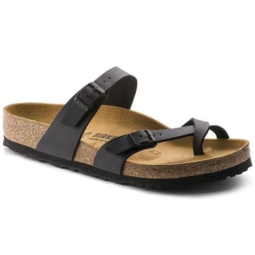Klapki damskie Birkenstock Mayari BF. Czarne klapki damskie Birkenstock, bez wzorów, z materiału, sportowe, bez obcasa, bez zapięcia. Za 523.00 zł.