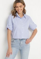 Jasnoniebieska Klasyczna Koszula z Bawełny w Paseczki z Rękawem 3/4 Liantarra. Niebieskie koszule damskie Born2be, l, bez wzorów, z bawełny, eleganckie, bez kołnierzyka, bez ramiączek. Za 49.99 zł.