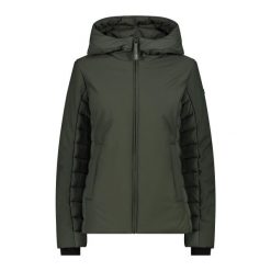 Kurtka damska turystyczna CMP 34K0056. Zielone kurtki sportowe damskie CMP, l, bez wzorów, z softshellu, bez ramiączek, z kapturem, trekkingowe. Za 492.00 zł.