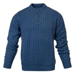 Sweter z Bawełny, Splot Warkoczowy i Wysoki Dekolt - Pako Jeans - Niebieski. Niebieskie swetry męskie Pako Jeans, na wiosnę, l, bez wzorów, z bawełny, eleganckie, bez kołnierzyka, bez ramiączek. Za 209.00 zł.