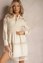 Beżowa Koronkowa Sukienka z Ozdobnym Dekoltem Sweeney. Brązowe sukienki damskie Renee, m, bez wzorów, z koronki, bez kołnierzyka, bez ramiączek, mini. Za 149.99 zł.