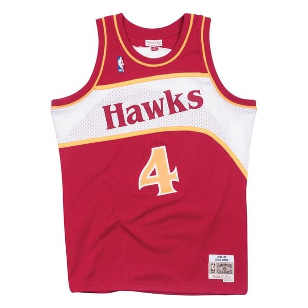 Koszulka Mitchell & Ness Atlanta Hawks 1986/87. Białe bluzki damskie Mitchell & Ness, bez wzorów, retro, bez kołnierzyka, bez ramiączek. Za 506.00 zł.