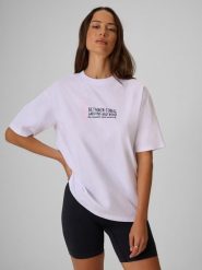 4F T-shirt loose z nadrukiem damski - biały M. Białe koszulki sportowe damskie 4F, m, bez wzorów, z bawełny, bez ramiączek, trekkingowe. Za 79.99 zł.