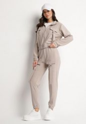 Beżowy Komplet Dresowy Bluza Rozpinana i Spodnie Slim w Stylu Utility Telavienna. Brązowe bluzy damskie Born2be, m, bez wzorów, z dresówki, eleganckie, bez ramiączek, bez kaptura. Za 84.99 zł.