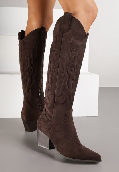 Ciemnobrązowe Kowbojki Kozaki na Stożkowym Słupku z Ekozamszu Iriada. Brązowe kozaki damskie Renee, na jesień, bez wzorów, z jeansu, bez obcasa, na obcasie, bez zapięcia. Za 159.99 zł.