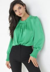 Zielona Bluzka z Wiskozy ze Stójką i Bufiastymi Rękawami Acanthielle. Zielone bluzki damskie Born2be, m, bez wzorów, z wiskozy, bez kołnierzyka, bez ramiączek. Za 34.99 zł.