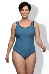 Damskie Strój kąpielowy wzór w muszelki bez miękkich miseczek okrągły dekolt. Niebieskie stroje kąpielowe damskie Ulla Popken, plus size, bez wzorów, z elastanu. Za 159.99 zł.