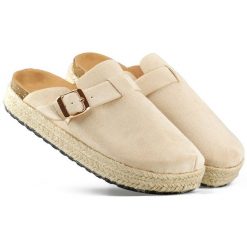 Zakryte klapki espadryle damskie ze sprzączką beżowe beżowy. Brązowe klapki damskie bez wzorów, casualowe, bez obcasa, bez zapięcia. Za 150.13 zł.