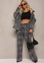 Ciemnoszare Jeansy z Bawełny High Waist Szerokie w Abstrakcyjny Wzór Orithiia. Szare jeansy damskie Renee, bez wzorów, z bawełny, z podwyższonym stanem. Za 129.99 zł.