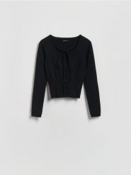 Sweter z wiązaniem - czarny. Czarne swetry nierozpinane damskie Reserved, l, bez wzorów, z dzianiny, bez kołnierzyka, bez ramiączek. Za 99.99 zł.