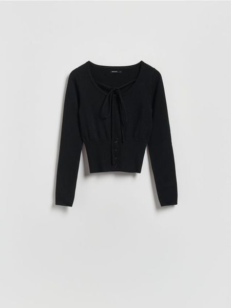 Sweter z wiązaniem - czarny. Czarne swetry nierozpinane damskie Reserved, l, bez wzorów, z dzianiny, bez kołnierzyka, bez ramiączek. Za 99.99 zł.