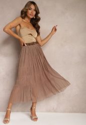 Jasnobrązowa Rozkloszowana Spódnica z Tiulu Wykończona Gumką w Pasie Risshara. Brązowe spódnice damskie Renee, na co dzień, l, bez wzorów, z tiulu, eleganckie, midi, dopasowane. Za 49.99 zł.