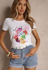 Biało-Niebieski Bawełniany T-shirt z Nadrukiem Zarinelle. Białe t-shirty damskie Renee, l, bez wzorów, z bawełny, bez kołnierzyka, bez ramiączek. Za 34.99 zł.