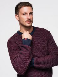 Męski sweter o kontrastowym splocie z okrągłym dekoltem – bordowy V1 - Rozmiar: L. Czerwone swetry męskie Ombre Clothing, l, z aplikacjami, z dzianiny, bez kołnierzyka, bez ramiączek. W wyprzedaży za 79.99 zł.