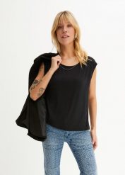 T-shirt z miękkiej mieszanki wiskozy. Czarne t-shirty damskie bonprix, bez wzorów, z wiskozy, bez kołnierzyka, bez ramiączek. Za 37.99 zł.