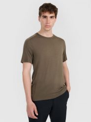 4F Koszulka trekkingowa z wełną merino męska - oliwkowa/khaki S. Brązowe t-shirty męskie 4F, m, bez wzorów, z materiału, bez kołnierzyka, bez ramiączek. Za 199.99 zł.