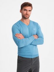 Elegancki męski sweter BASIC V-neck z wiskozą błękitny V21 OM-SWBS-0107 XXL. Niebieskie swetry męskie Ombre, m, bez wzorów, z wiskozy, eleganckie, bez kołnierzyka, bez ramiączek. Za 136.15 zł.