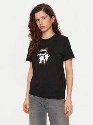 KARL LAGERFELD T-Shirt A1W17128 Czarny Regular Fit. Czarne t-shirty damskie KARL LAGERFELD, xs, bez wzorów, z bawełny, bez kołnierzyka, bez ramiączek. Za 219.99 zł.